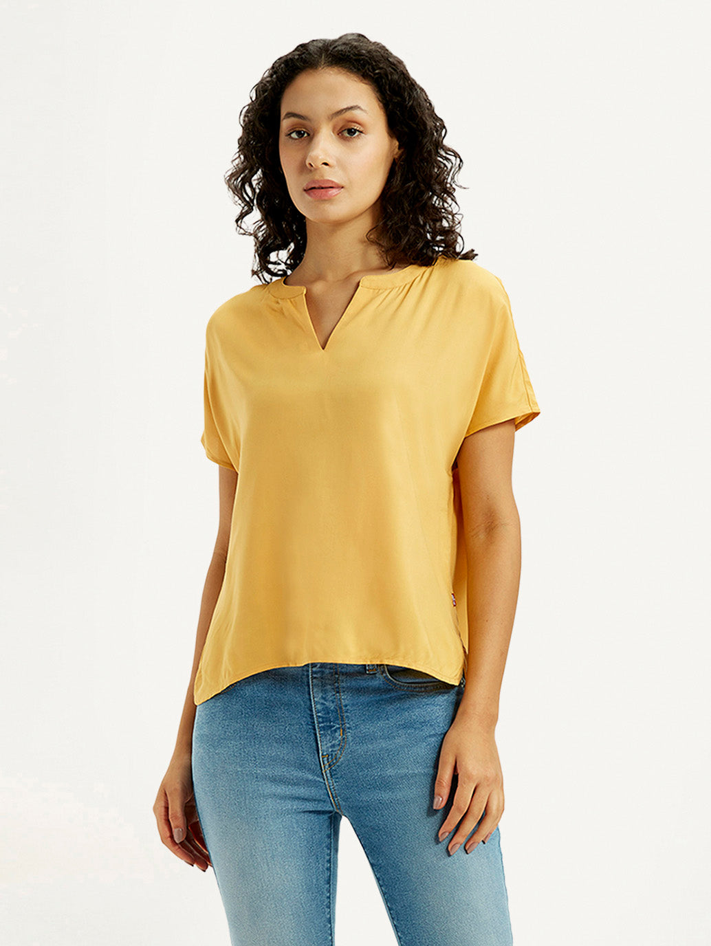 Women's Solid Mustard Split Neck Top