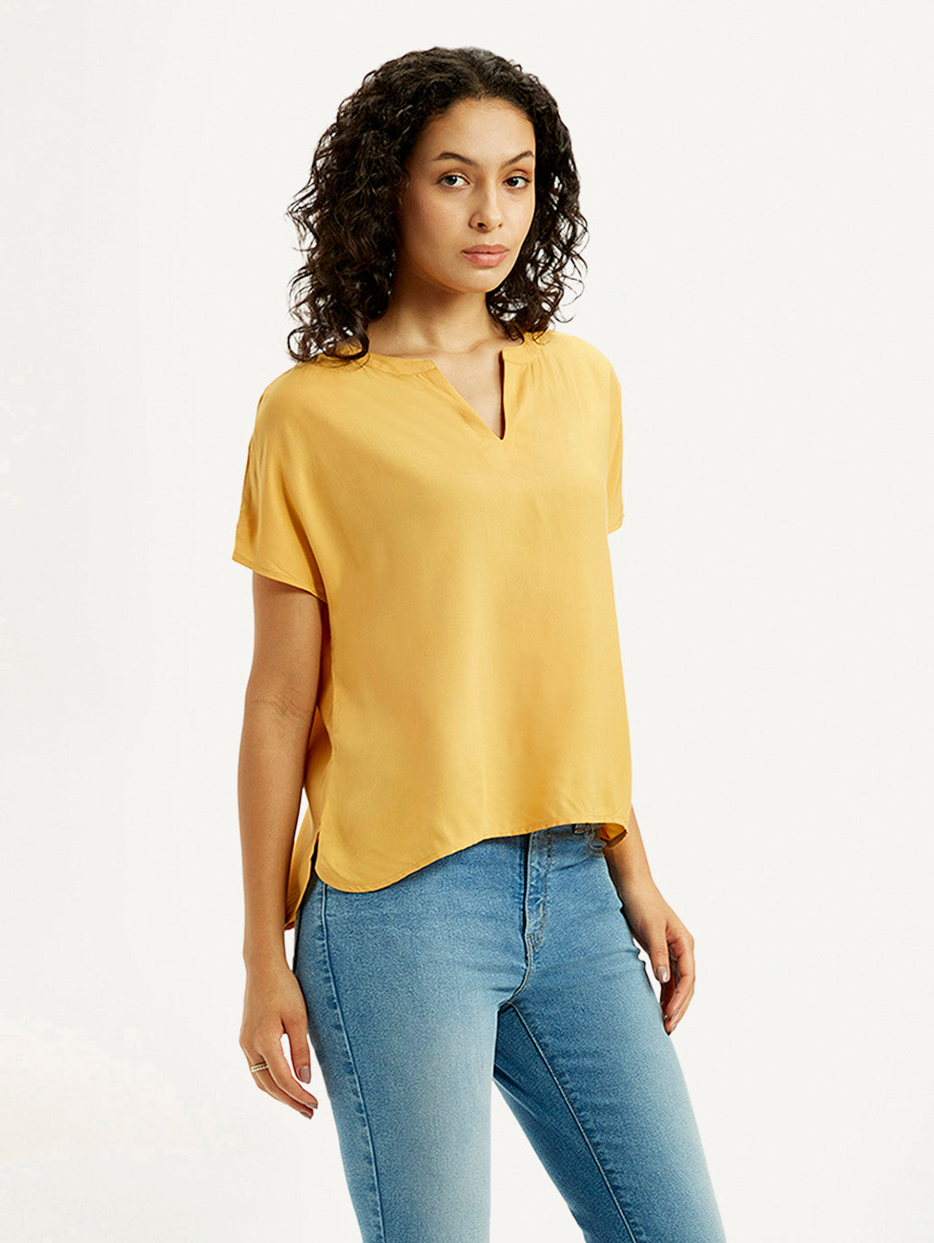 Women's Solid Mustard Split Neck Top