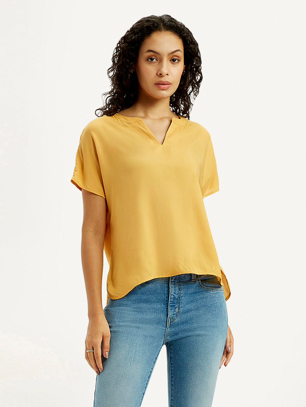 Women's Solid Mustard Split Neck Top