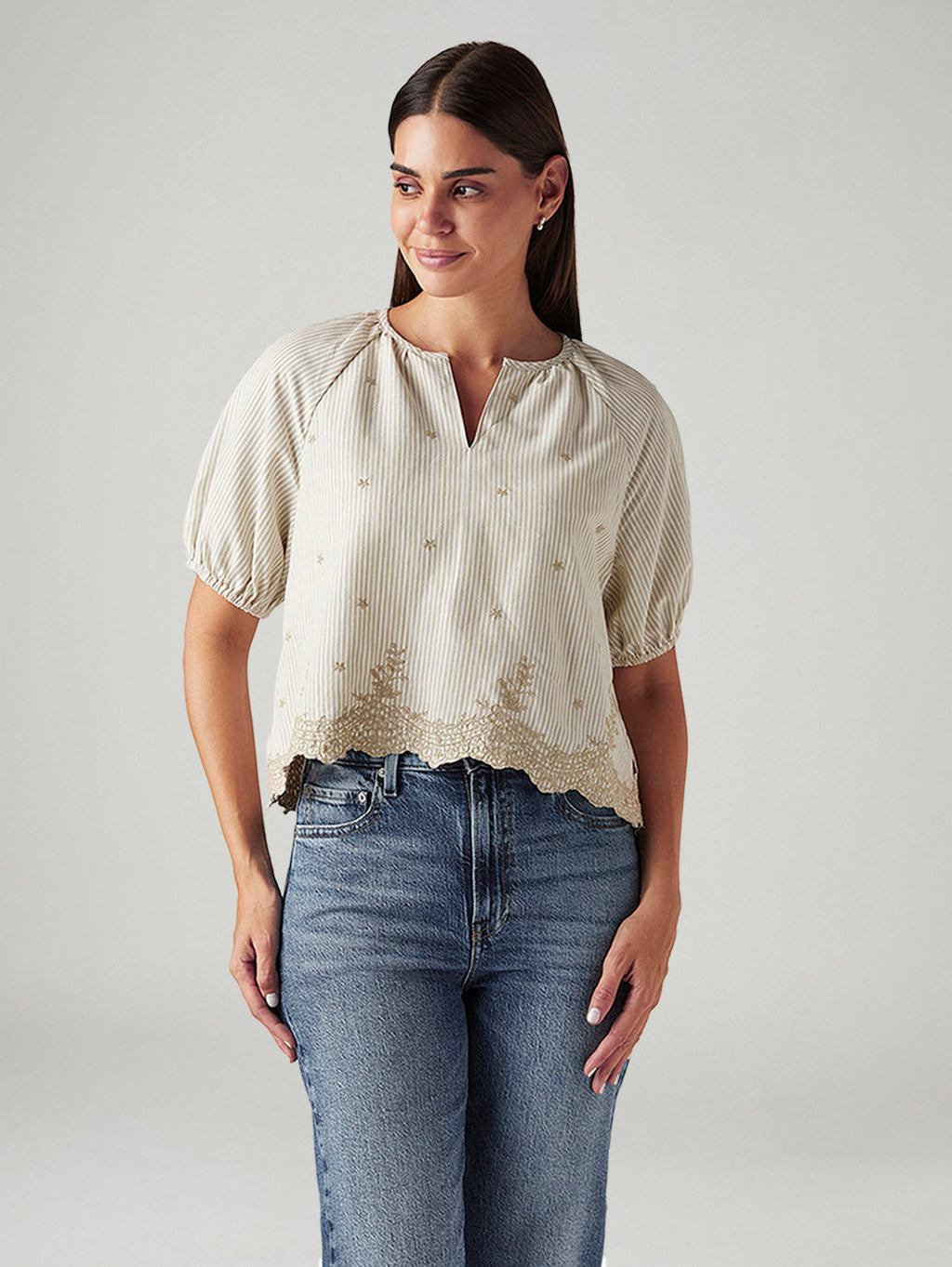 Women's Striped Beige V-Neck Top