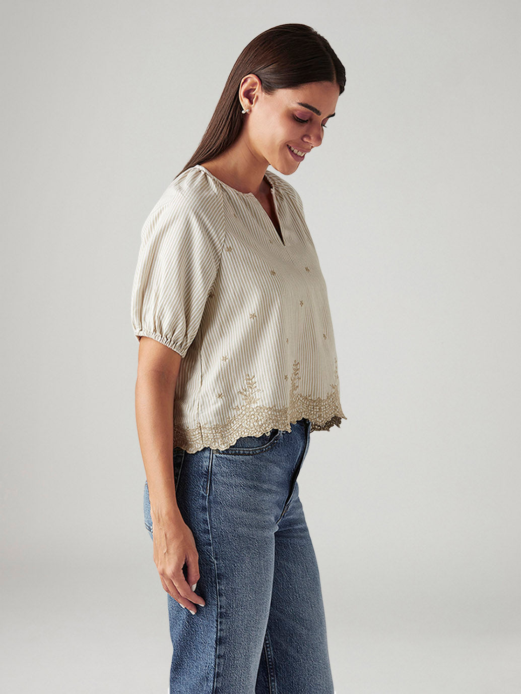 Women's Striped Beige V-Neck Top