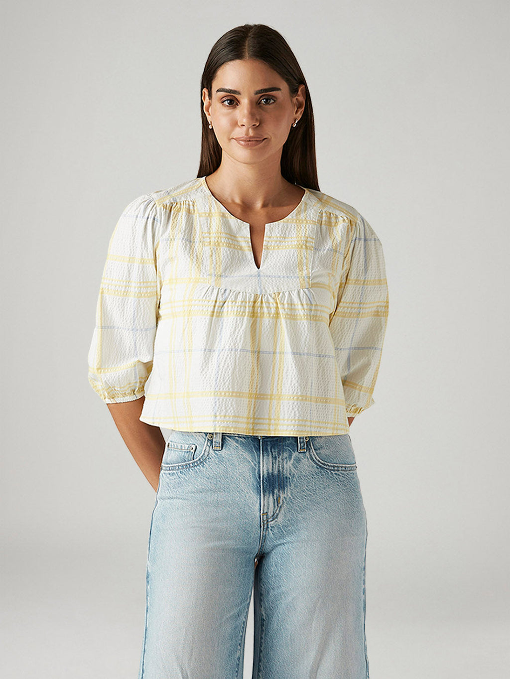 Women's Checkered White V-Neck Top