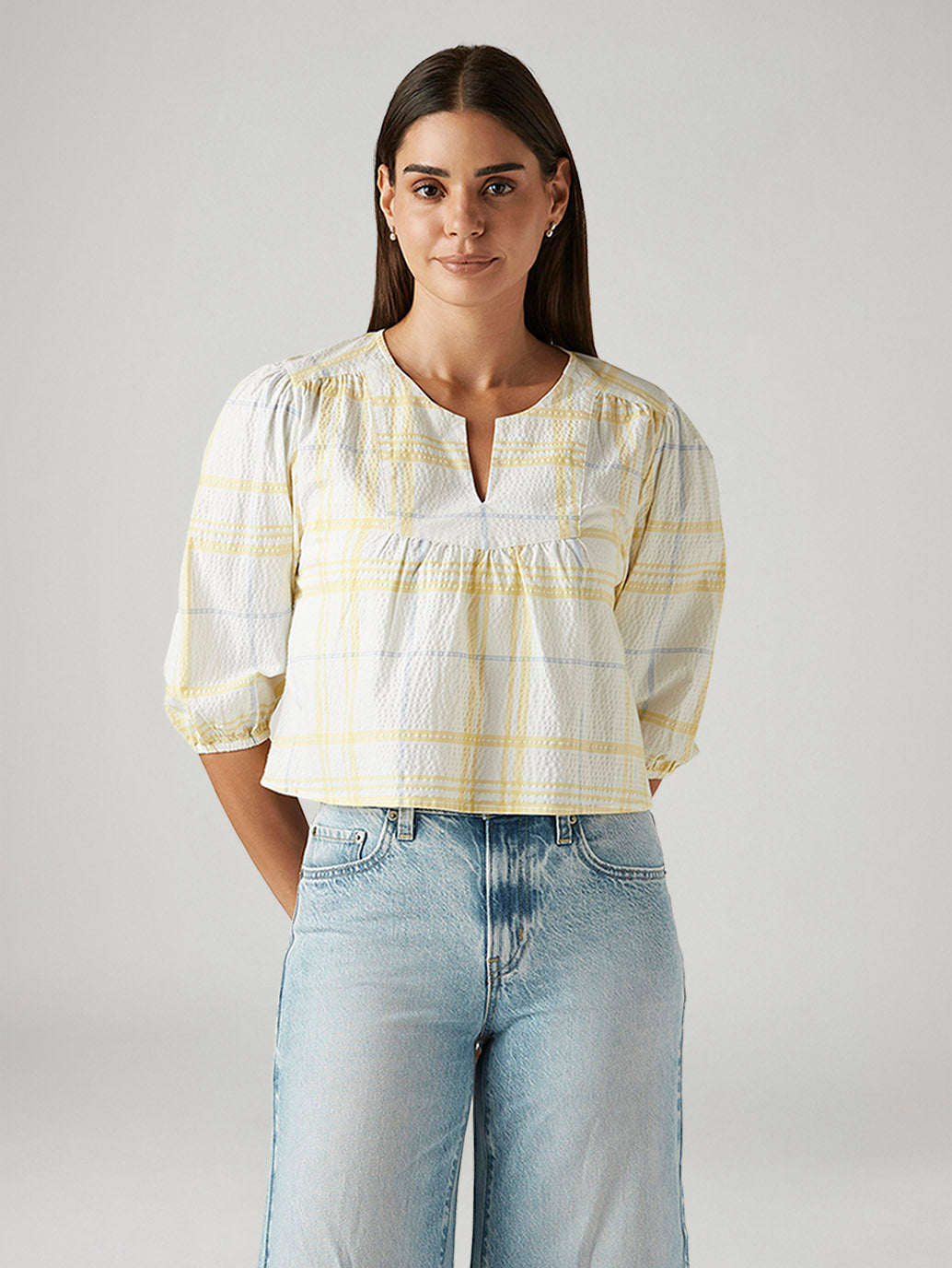 Women's Checkered White V-Neck Top
