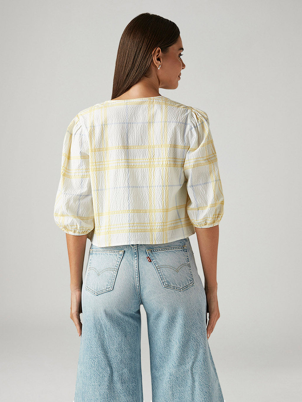 Women's Checkered White V-Neck Top