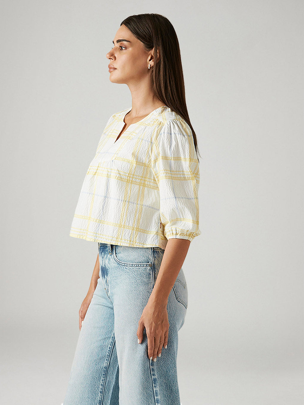 Women's Checkered White V-Neck Top