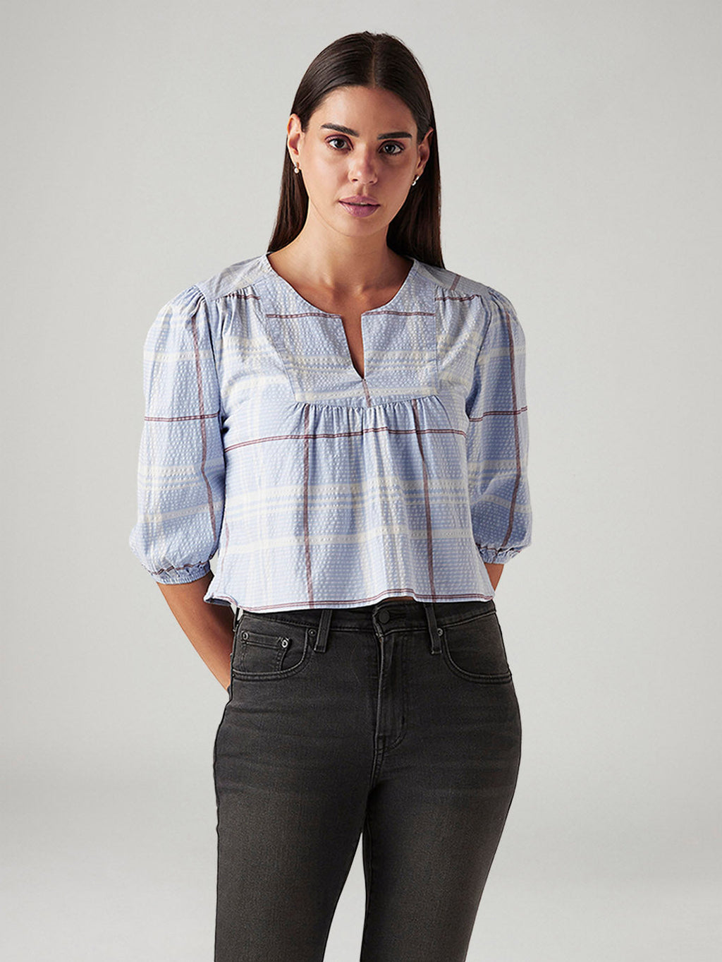 Women's Checkered Light Blue V-Neck Top