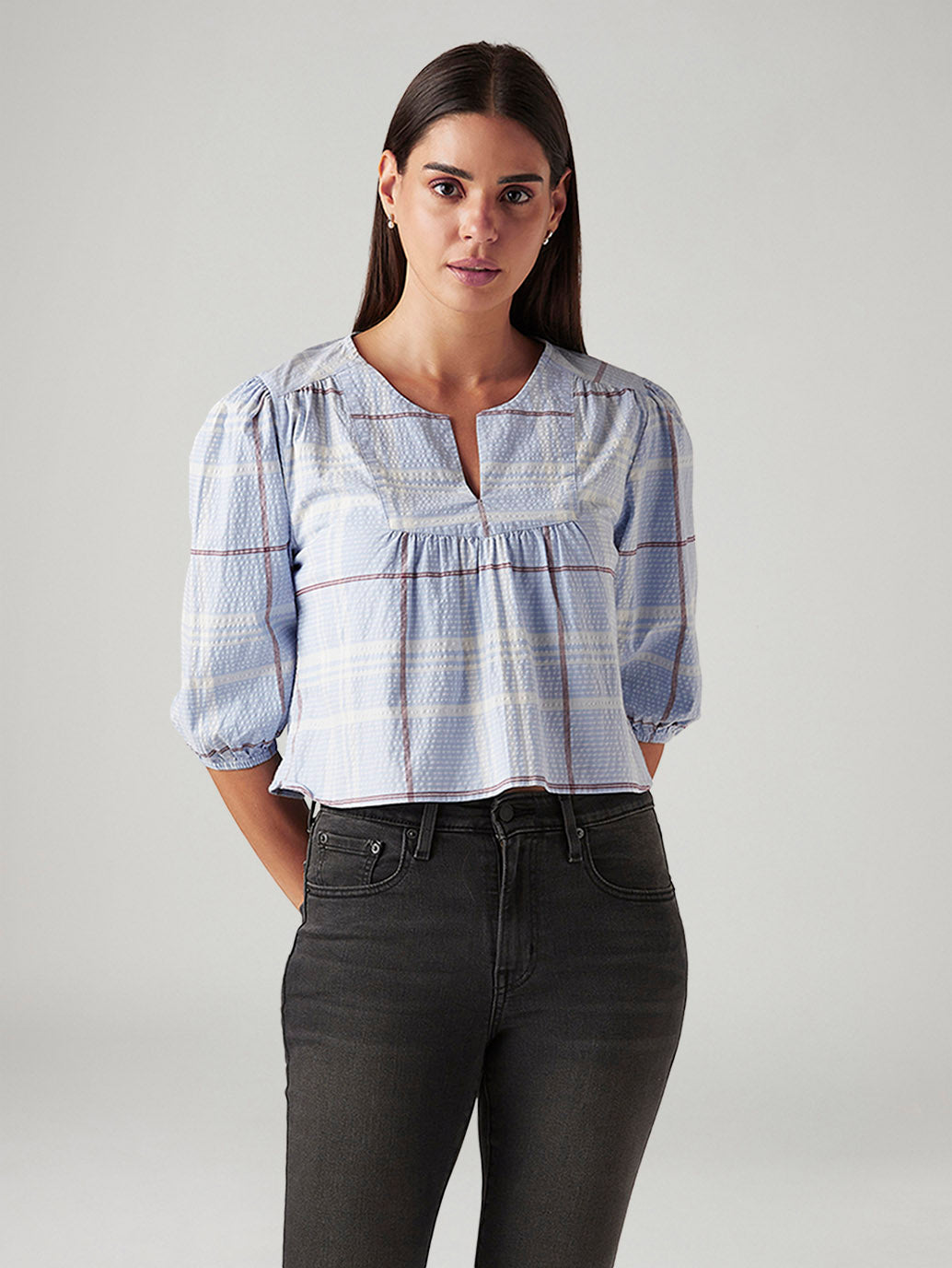 Women's Checkered Light Blue V-Neck Top