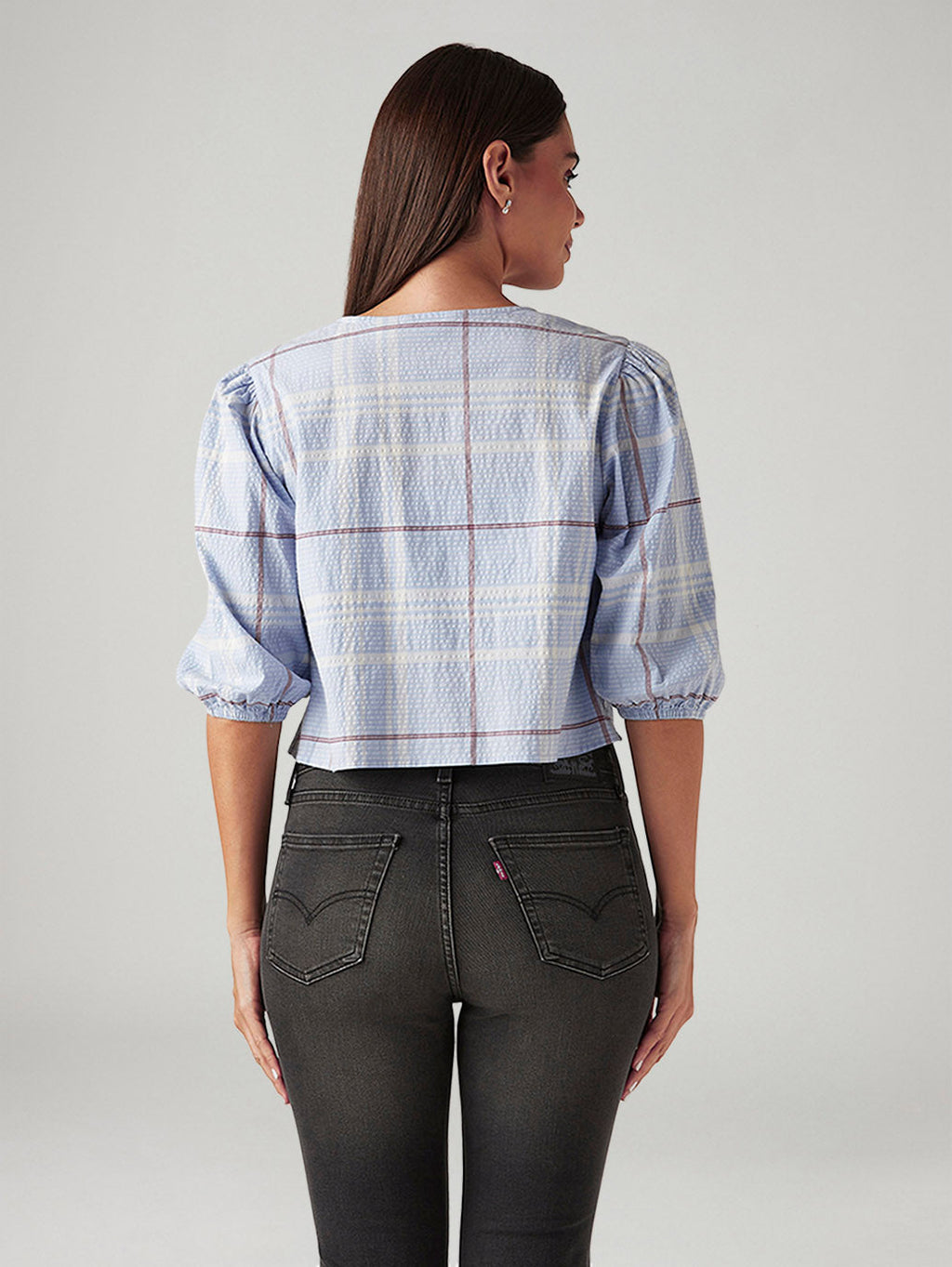Women's Checkered Light Blue V-Neck Top