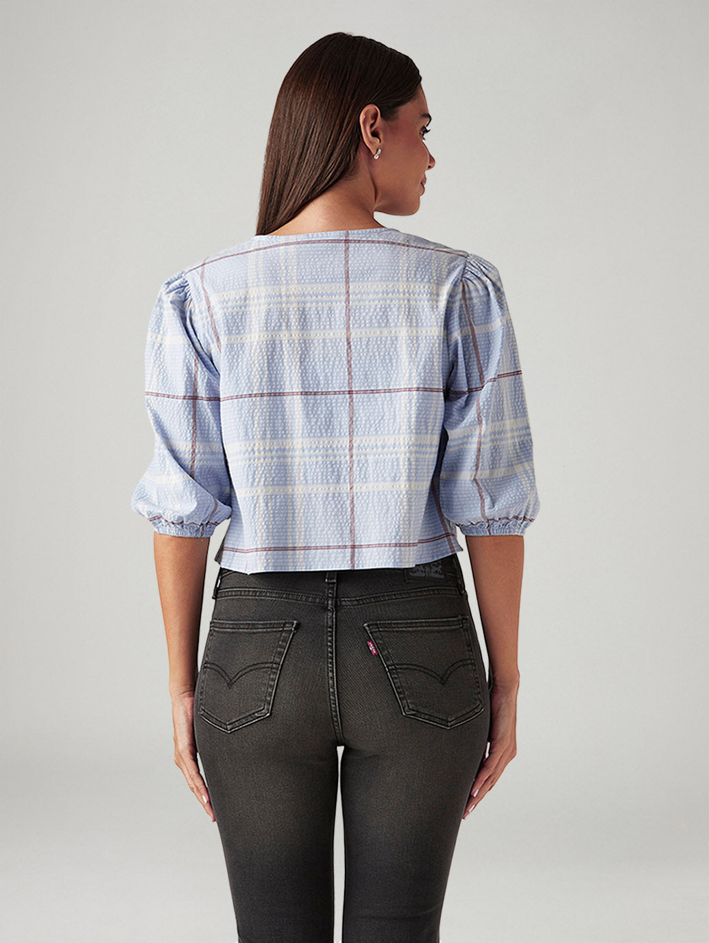 Women's Checkered Light Blue V-Neck Top