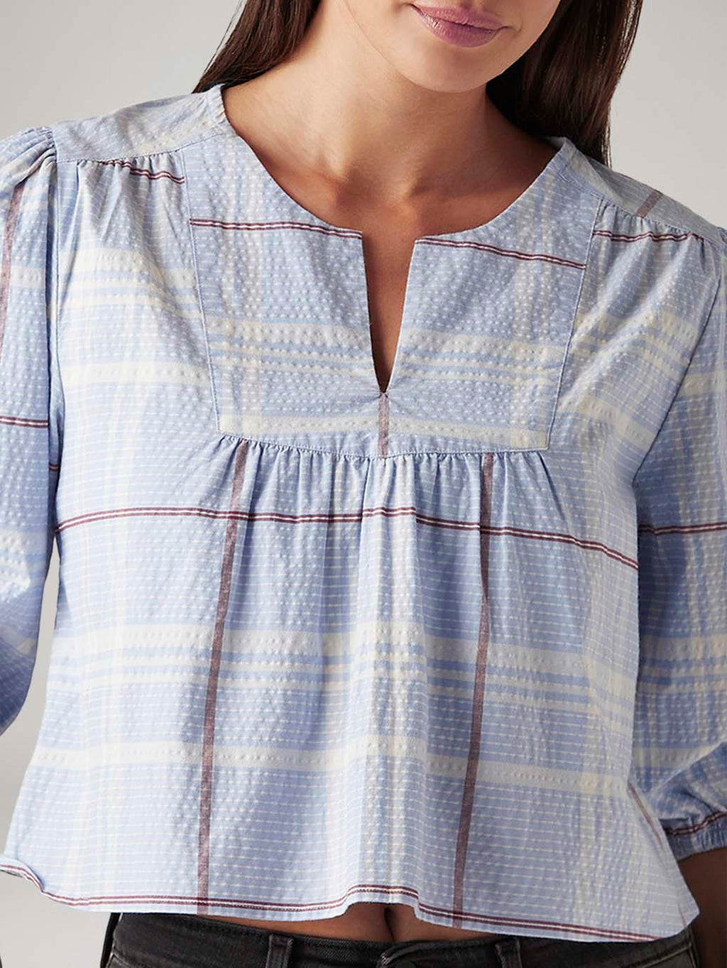 Women's Checkered Light Blue V-Neck Top