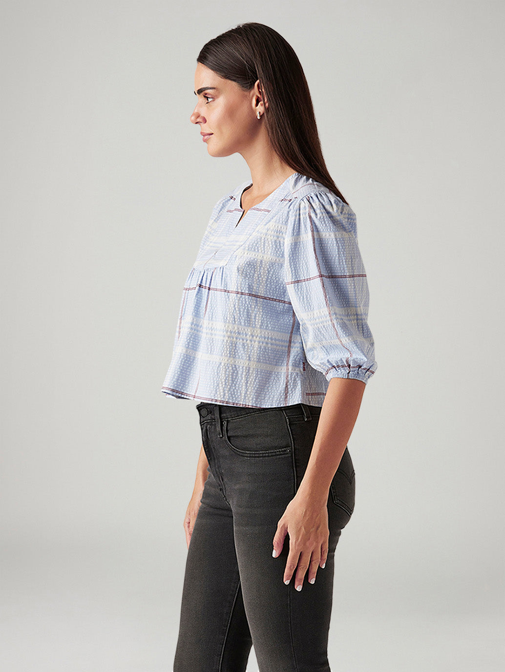 Women's Checkered Light Blue V-Neck Top