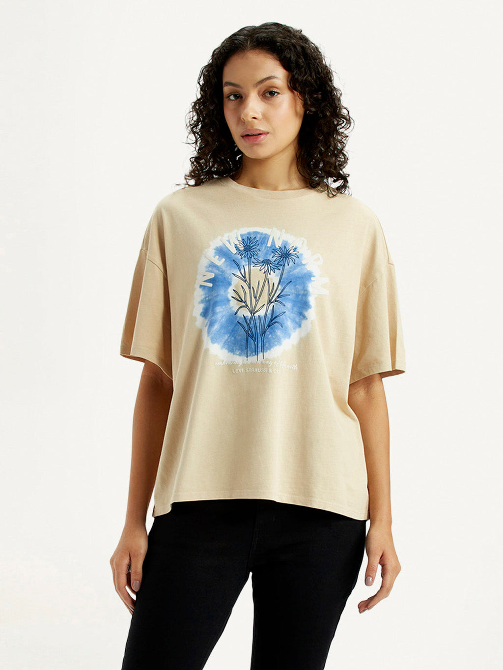 Women's Graphic Print Beige Relaxed Fit T-shirt