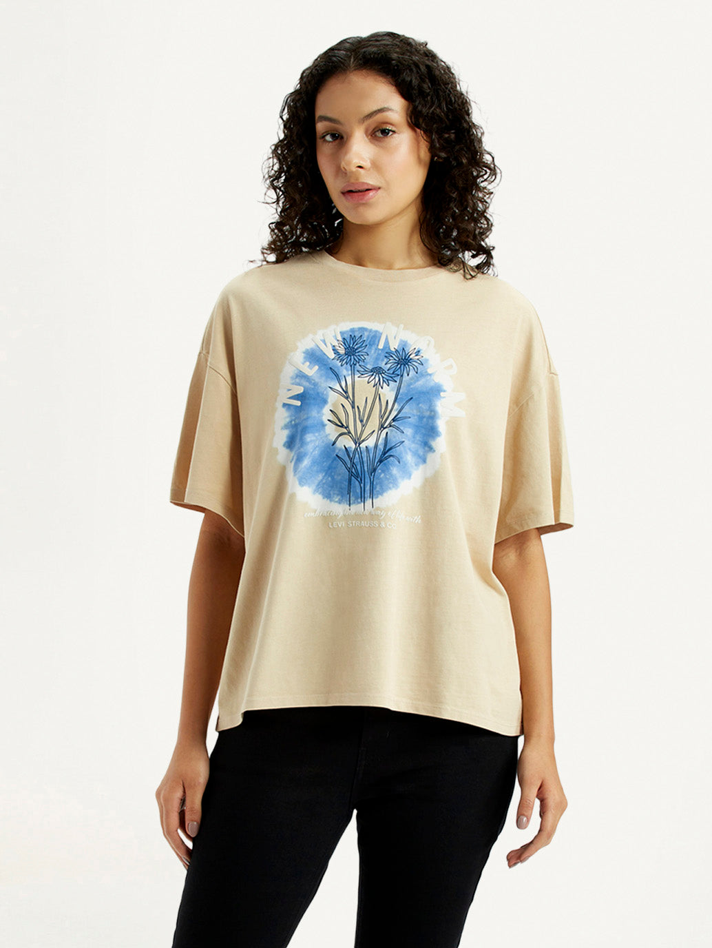 Women's Graphic Print Beige Relaxed Fit T-shirt