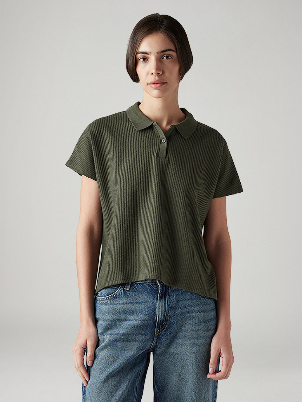 Women's Textured Olive Relaxed Fit Polo T-shirt