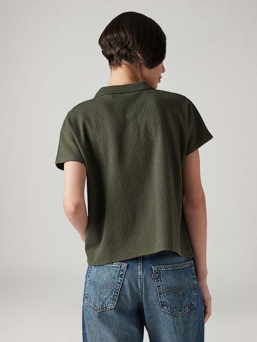 Women's Textured Olive Relaxed Fit Polo T-shirt