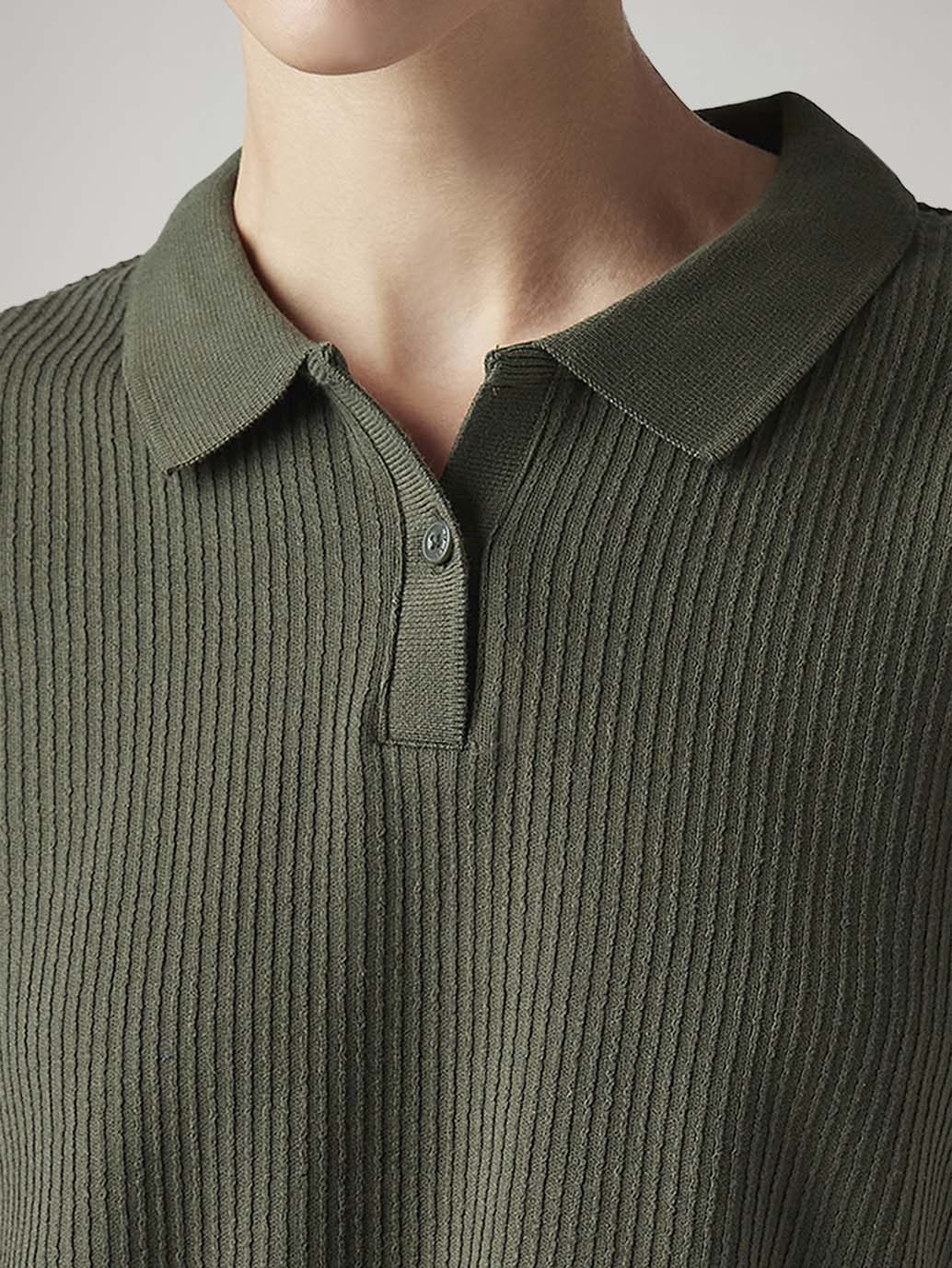 Women's Textured Olive Relaxed Fit Polo T-shirt