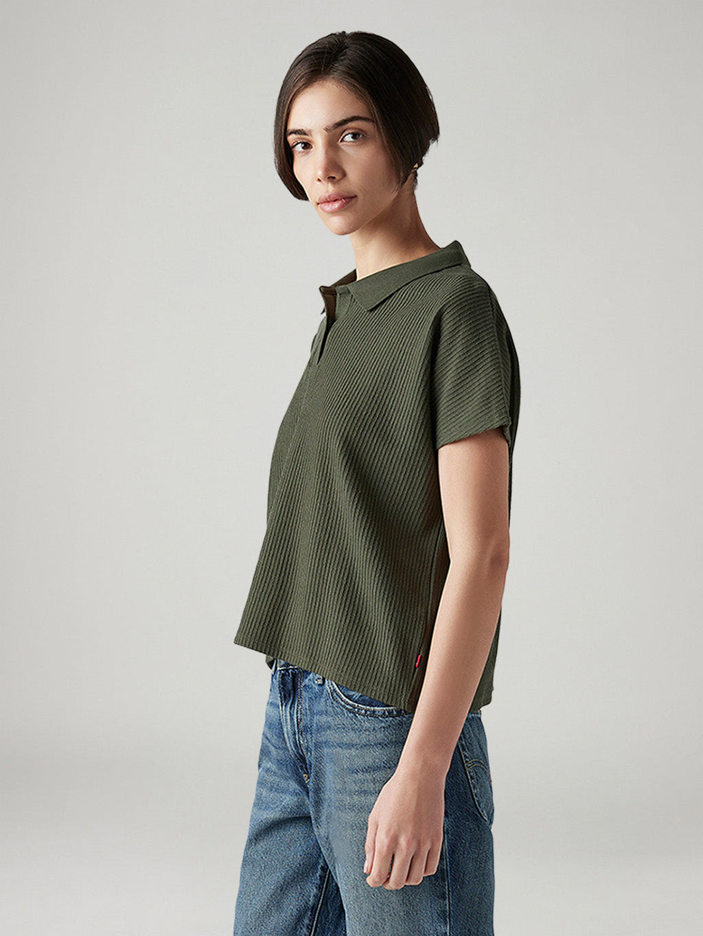 Women's Textured Olive Relaxed Fit Polo T-shirt