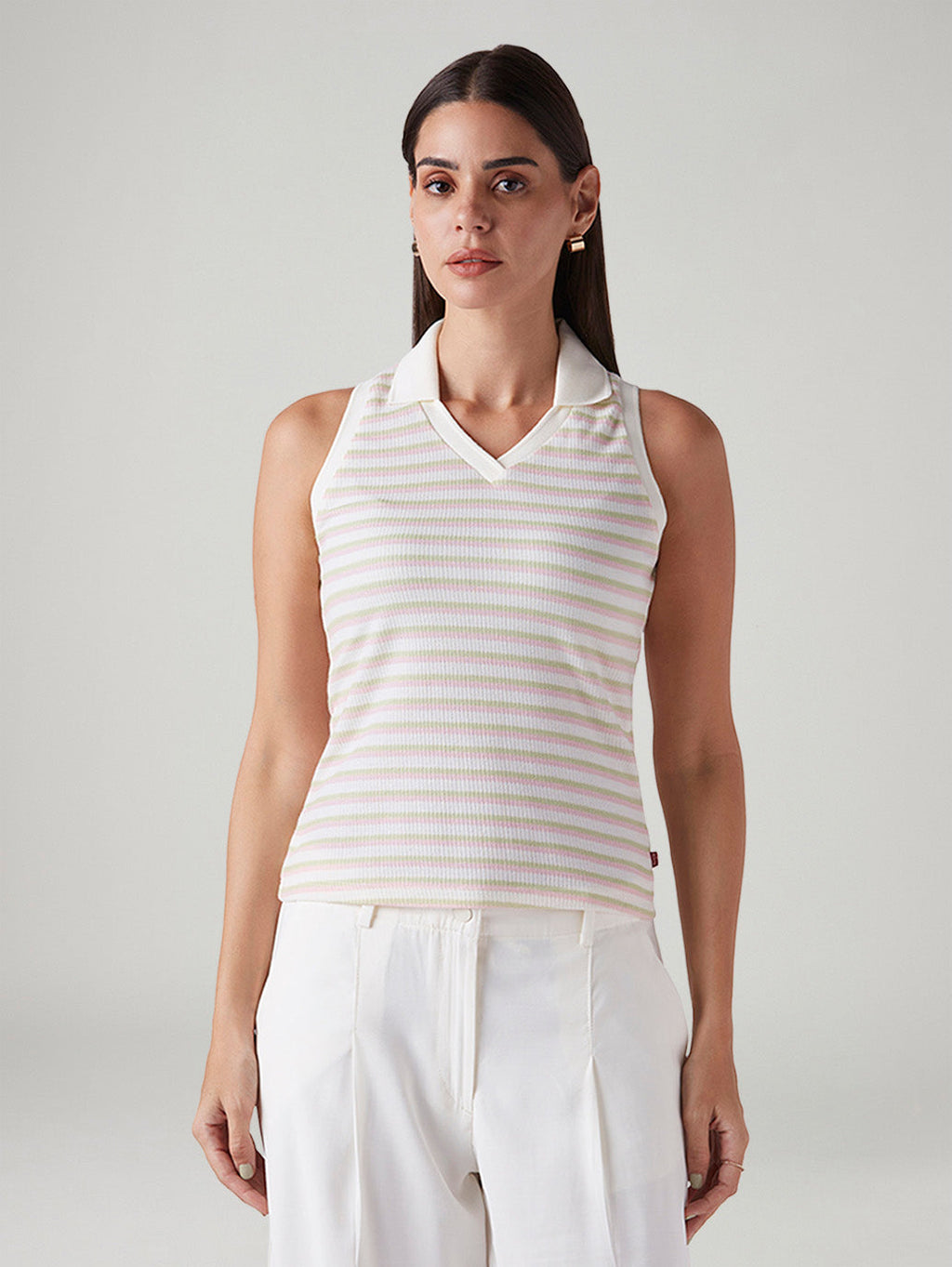 Women's Striped Off White Polo Collar Top