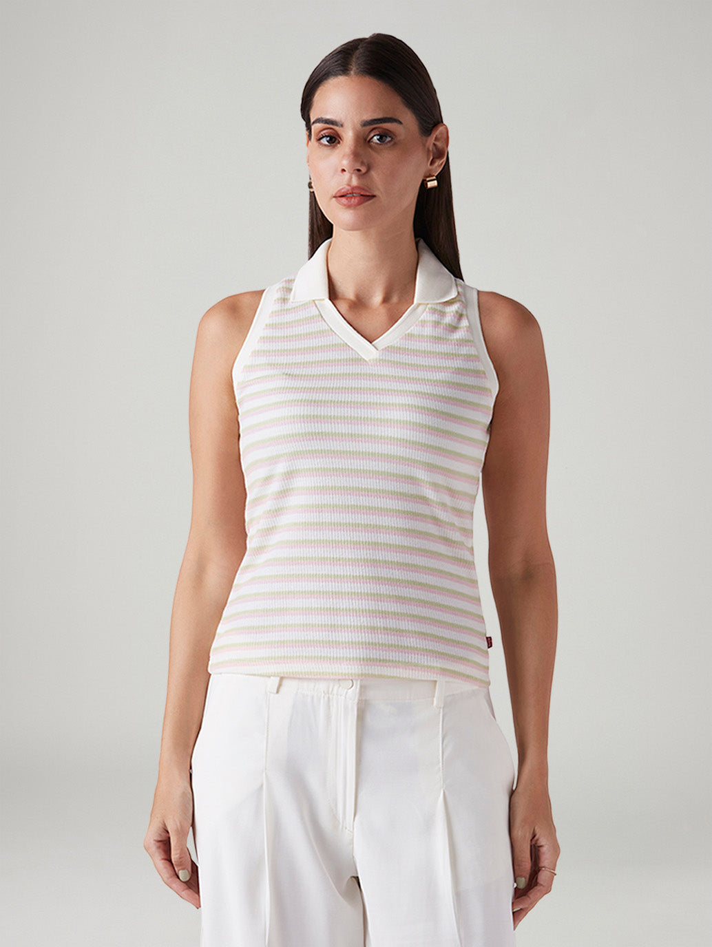 Women's Striped Off White Polo Collar Top