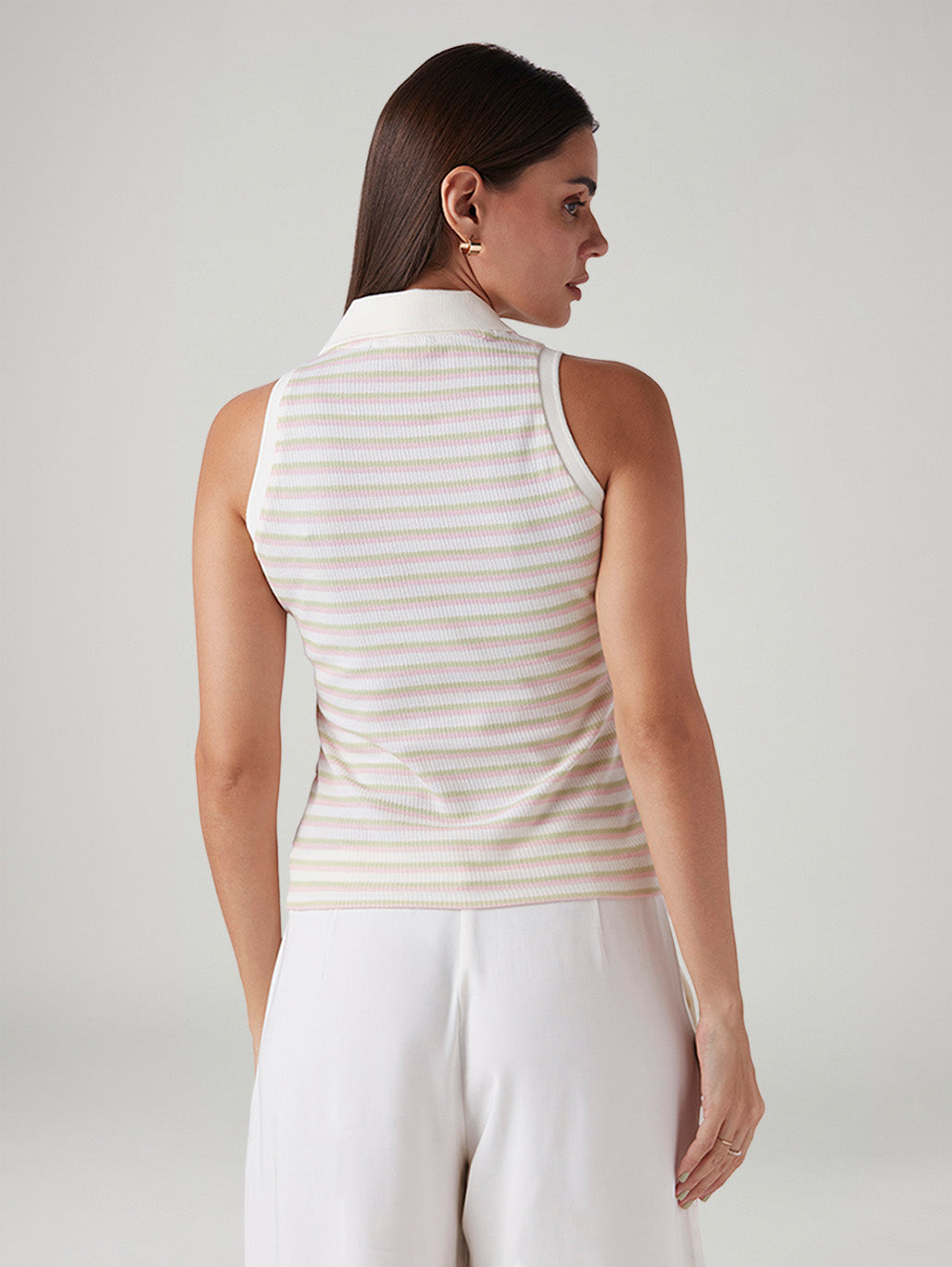 Women's Striped Off White Polo Collar Top
