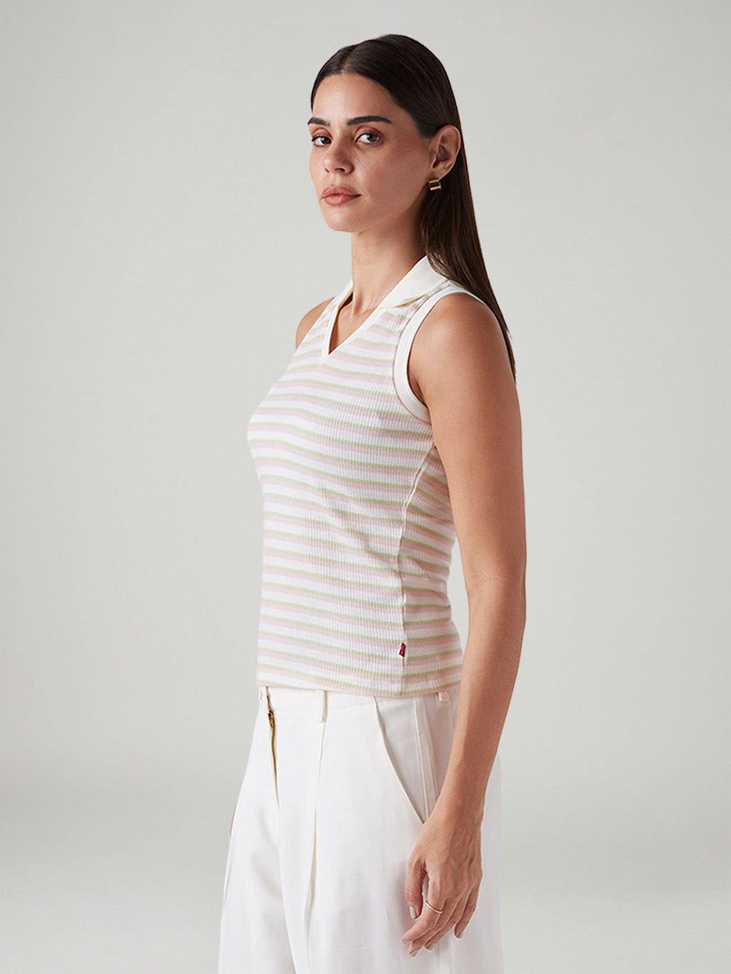 Women's Striped Off White Polo Collar Top