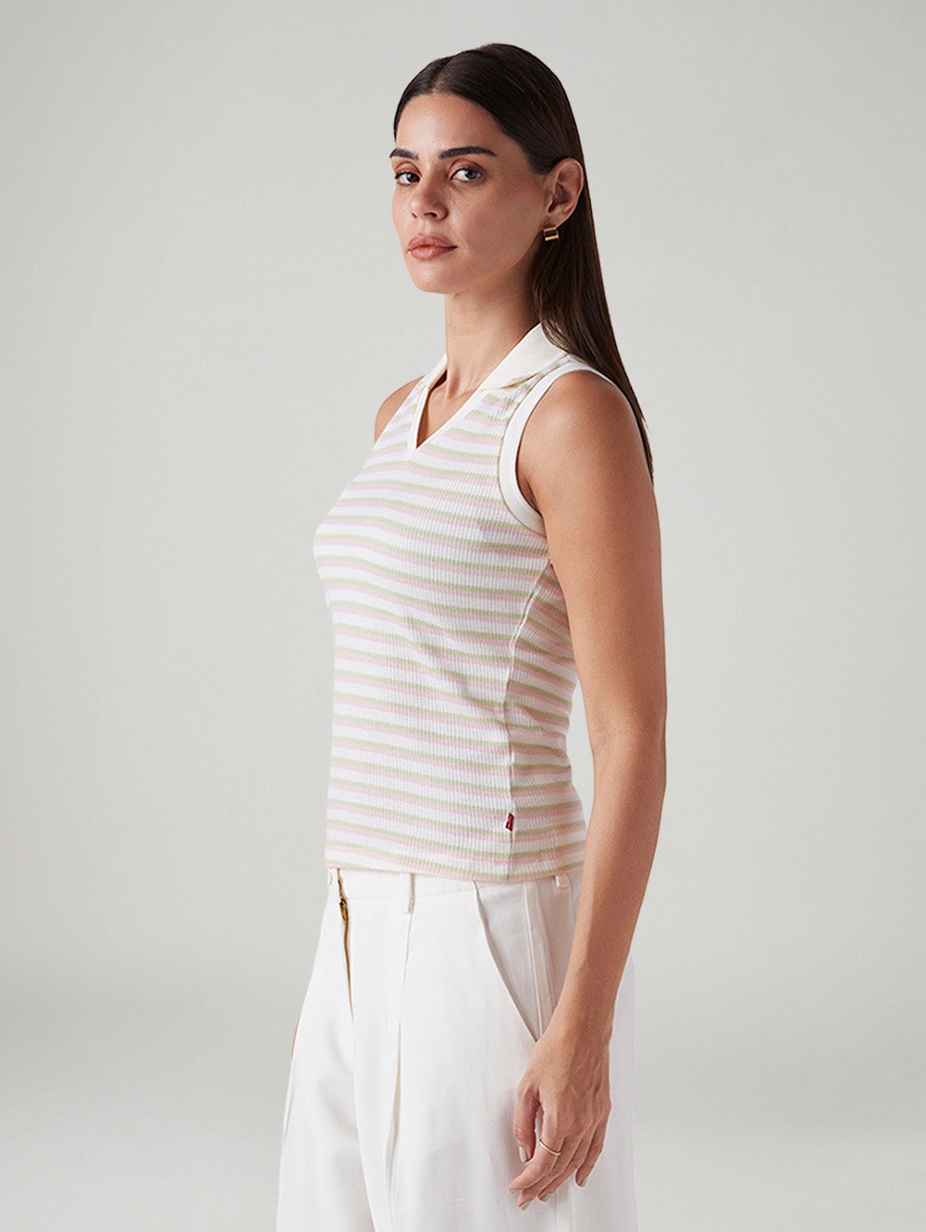 Women's Striped Off White Polo Collar Top