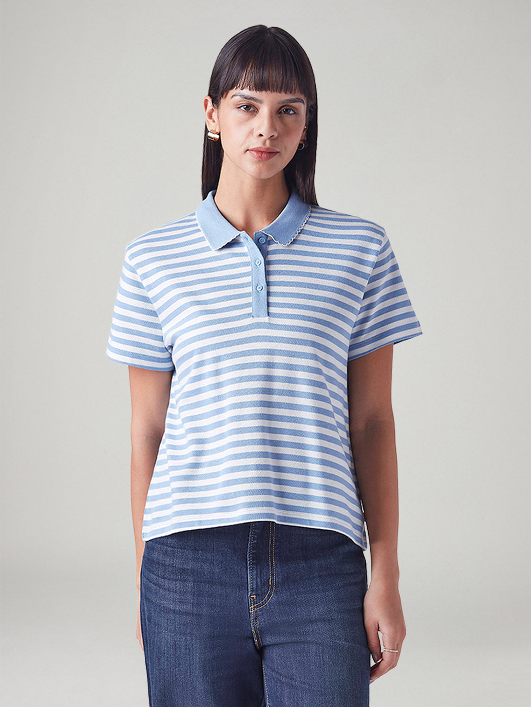Women's Embroidered Striped Light Blue Polo T-shirt