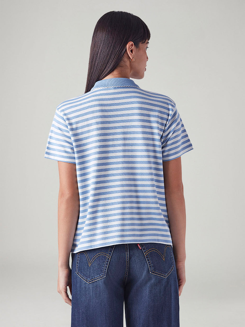 Women's Embroidered Striped Light Blue Polo T-shirt