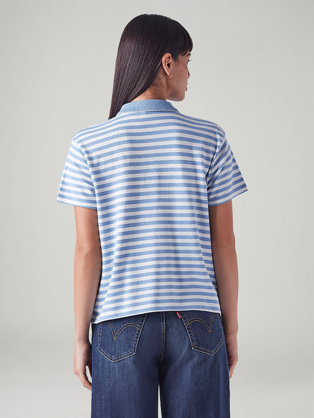 Women's Embroidered Striped Light Blue Polo T-shirt