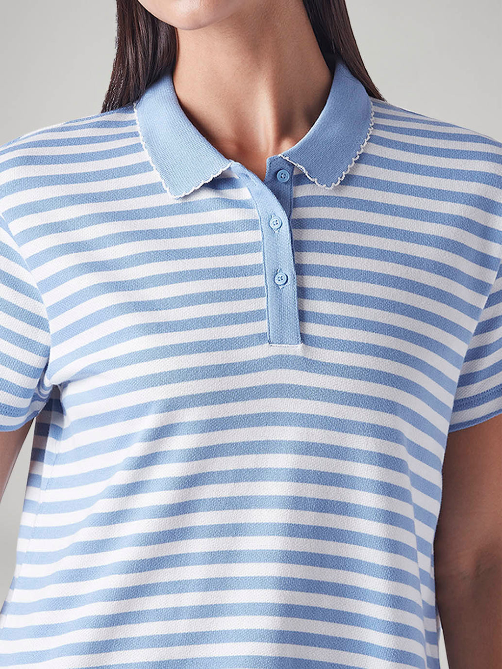 Women's Embroidered Striped Light Blue Polo T-shirt