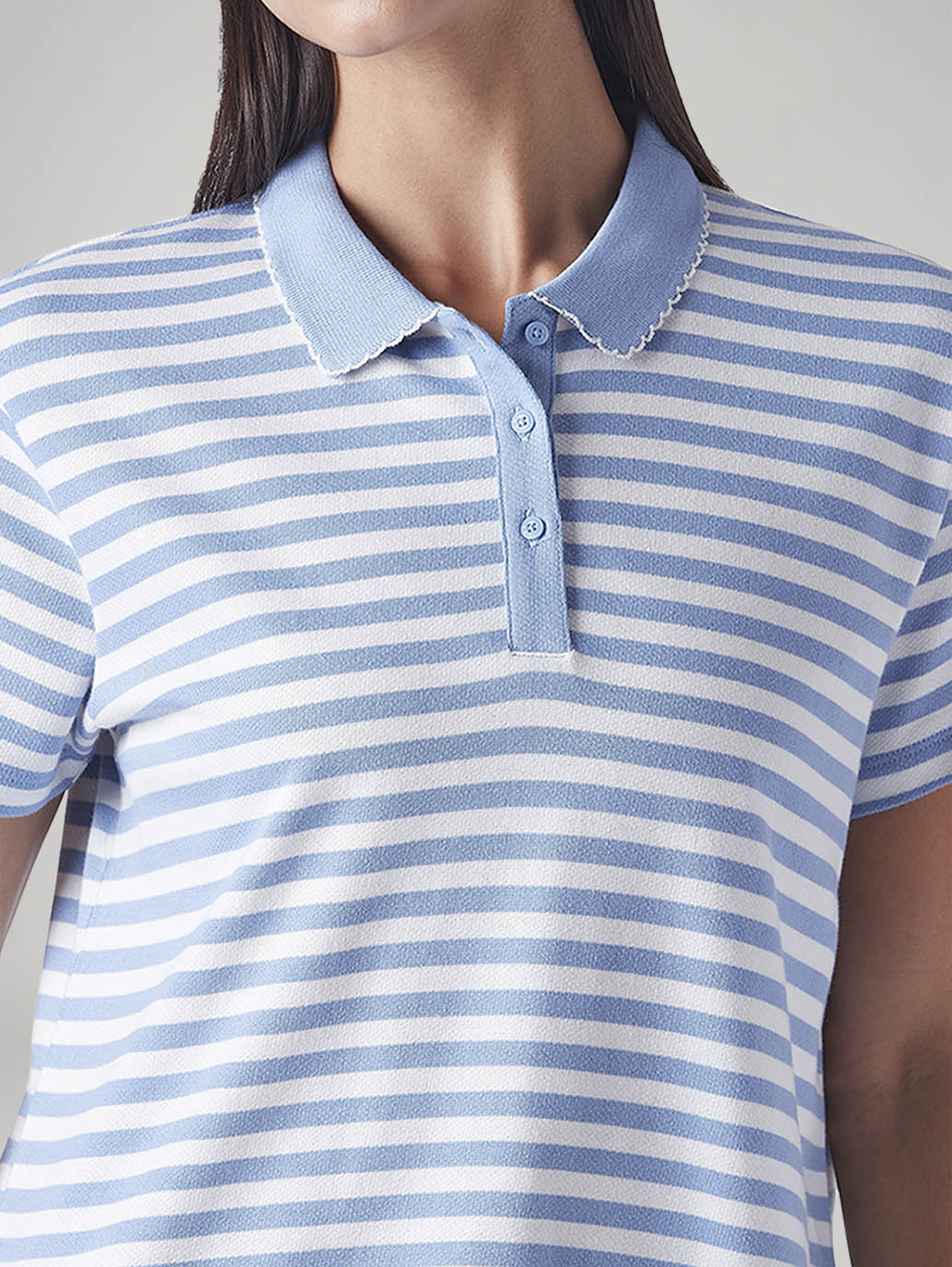 Women's Embroidered Striped Light Blue Polo T-shirt