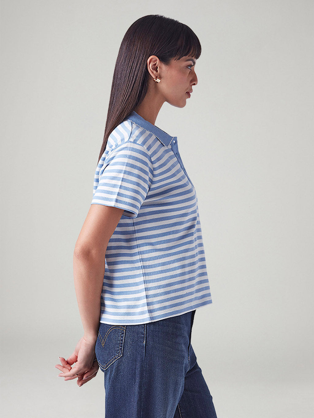 Women's Embroidered Striped Light Blue Polo T-shirt