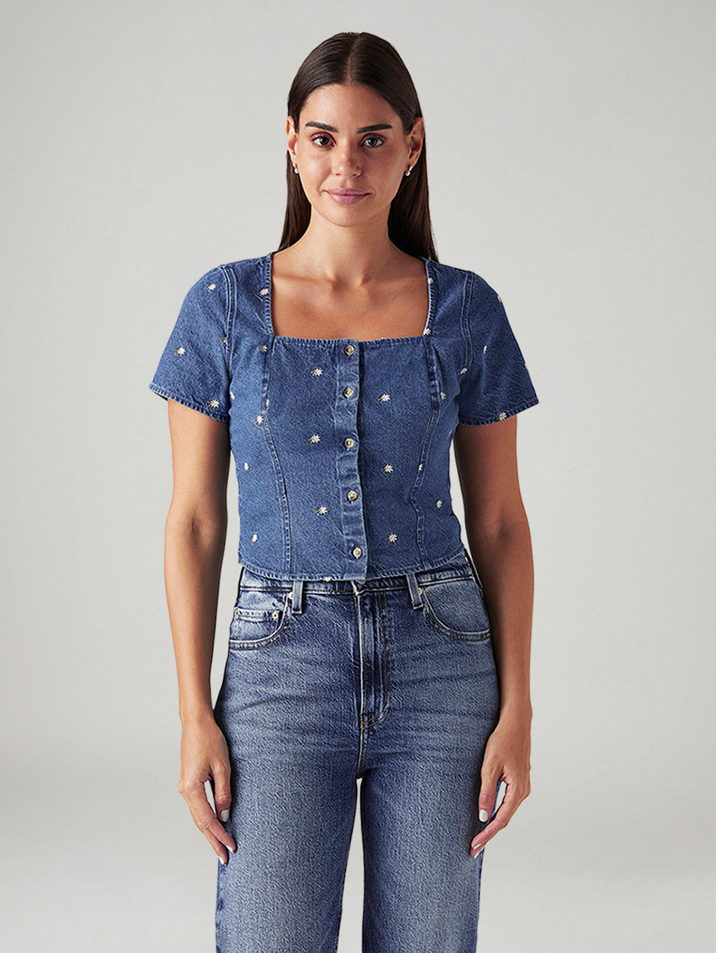 Women's Embroidered Blue Square Neck Top