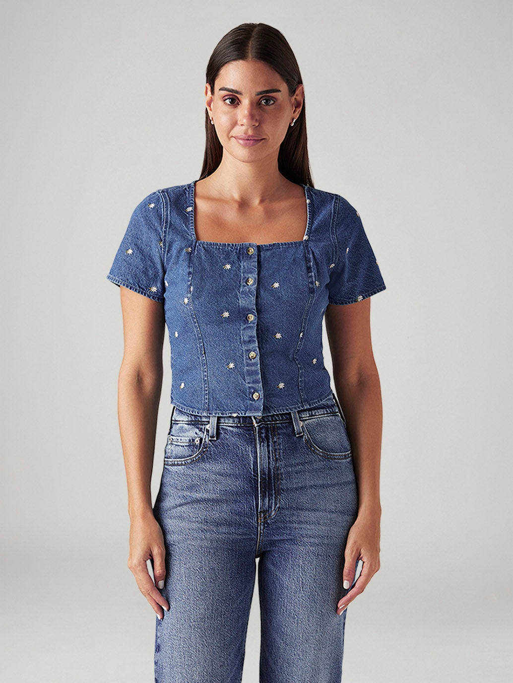Women's Embroidered Blue Square Neck Top