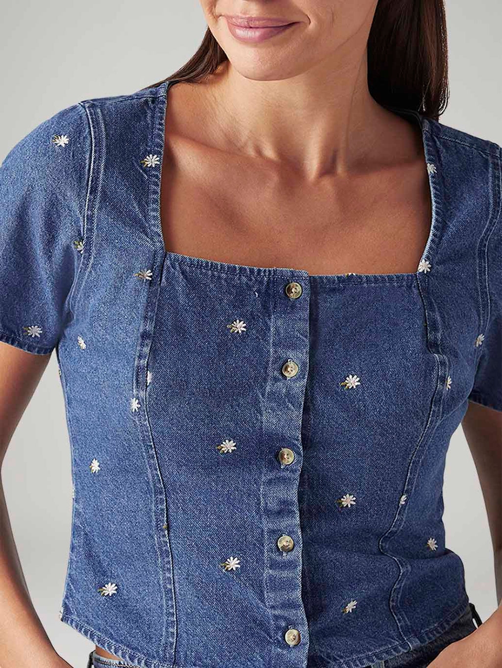 Women's Embroidered Blue Square Neck Top