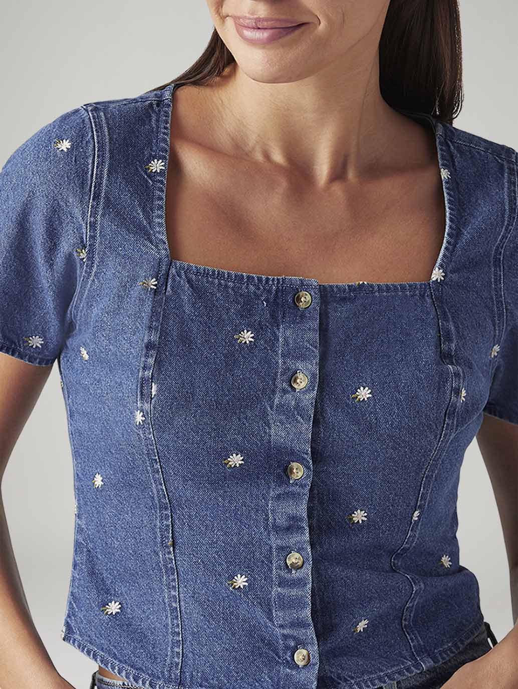Women's Embroidered Blue Square Neck Top