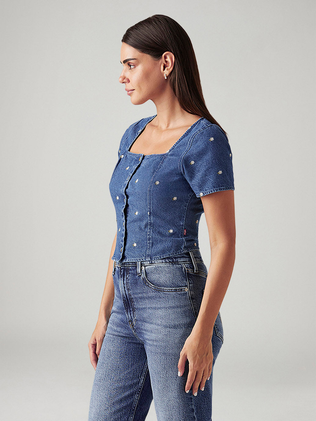 Women's Embroidered Blue Square Neck Top