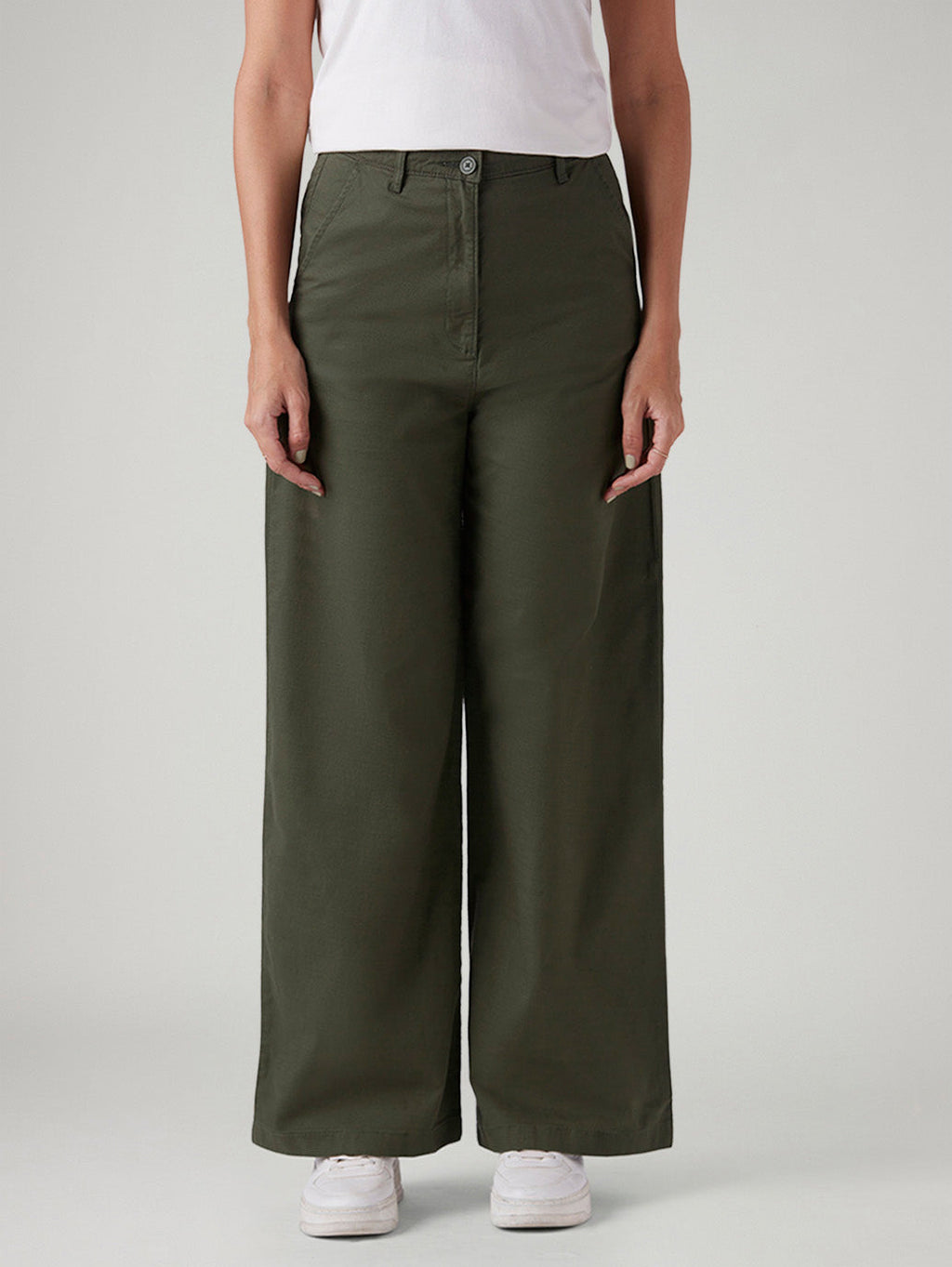 Women's Olive Loose Fit High Rise Trousers