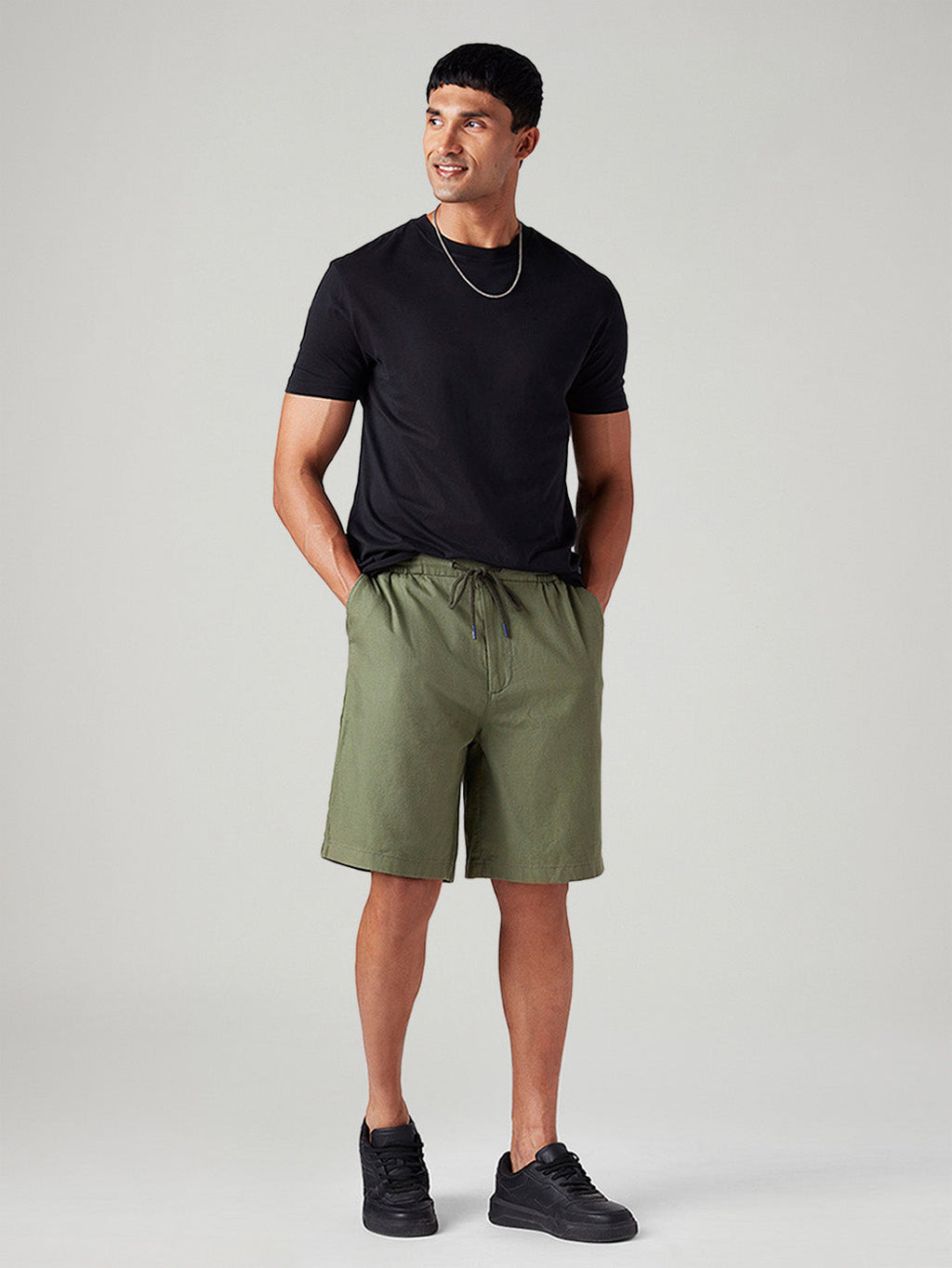 Men's Olive Baggy Fit Mid Rise Linen Shorts