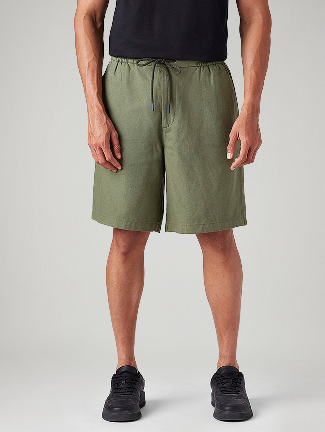 Men's Olive Baggy Fit Mid Rise Linen Shorts