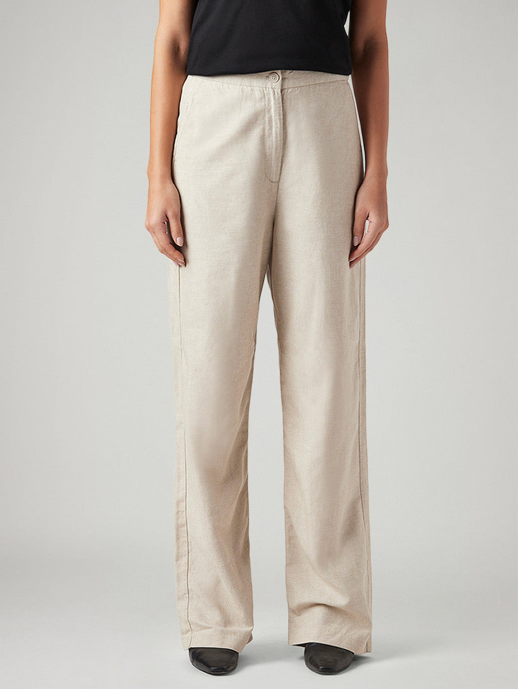 Women's Beige Loose Fit High Rise Linen Trousers