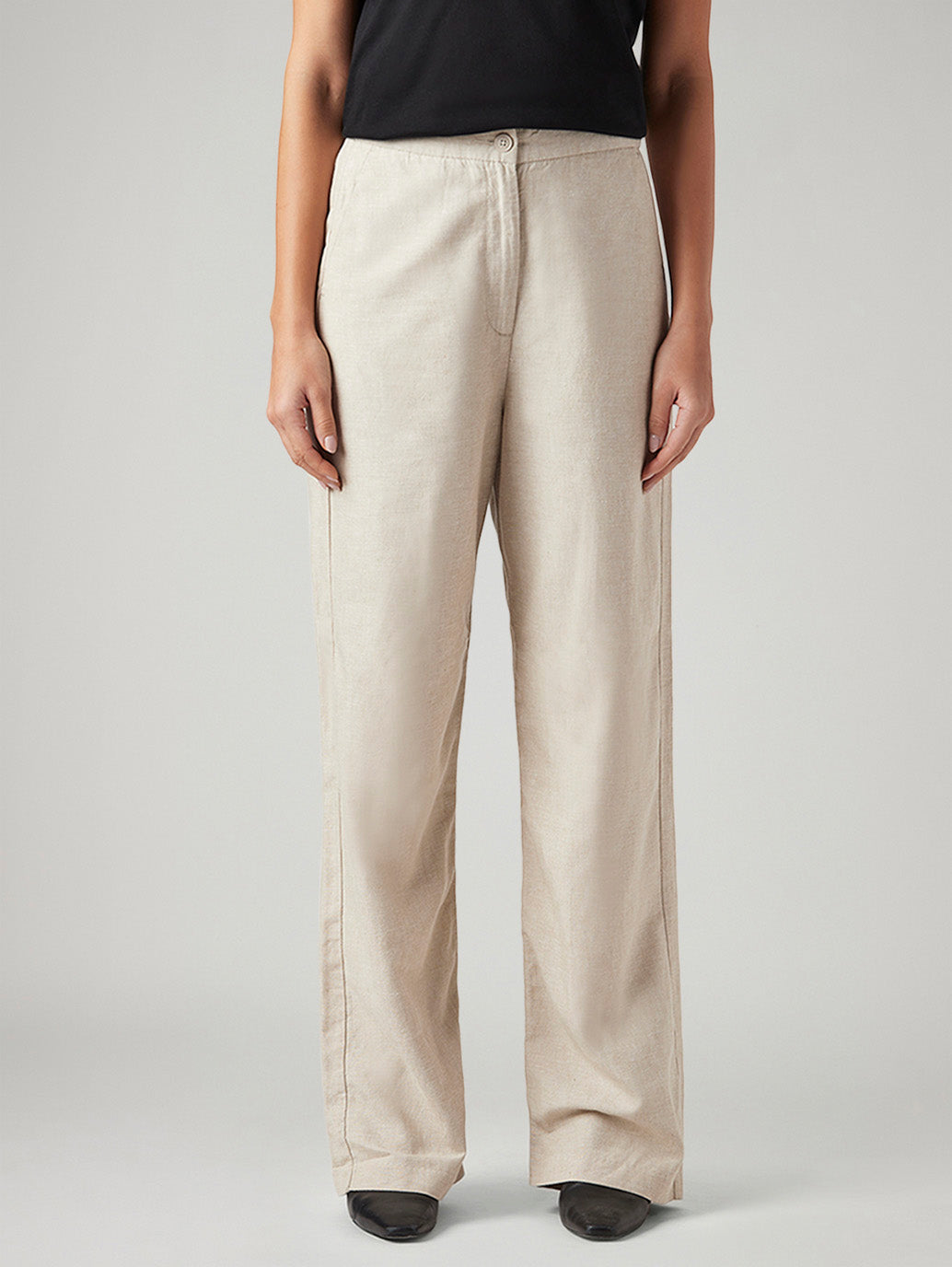 Women's Beige Loose Fit High Rise Linen Trousers