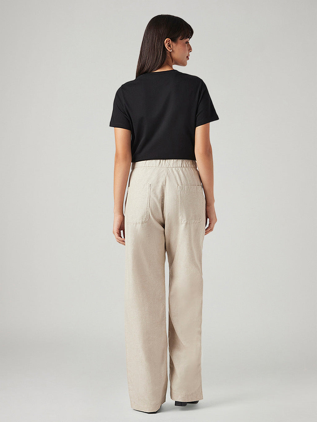Women's Beige Loose Fit High Rise Linen Trousers