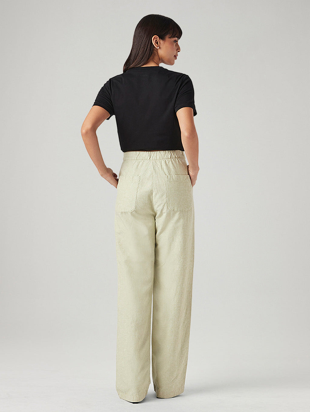 Women's Light Green Loose Fit High Rise Linen Trousers