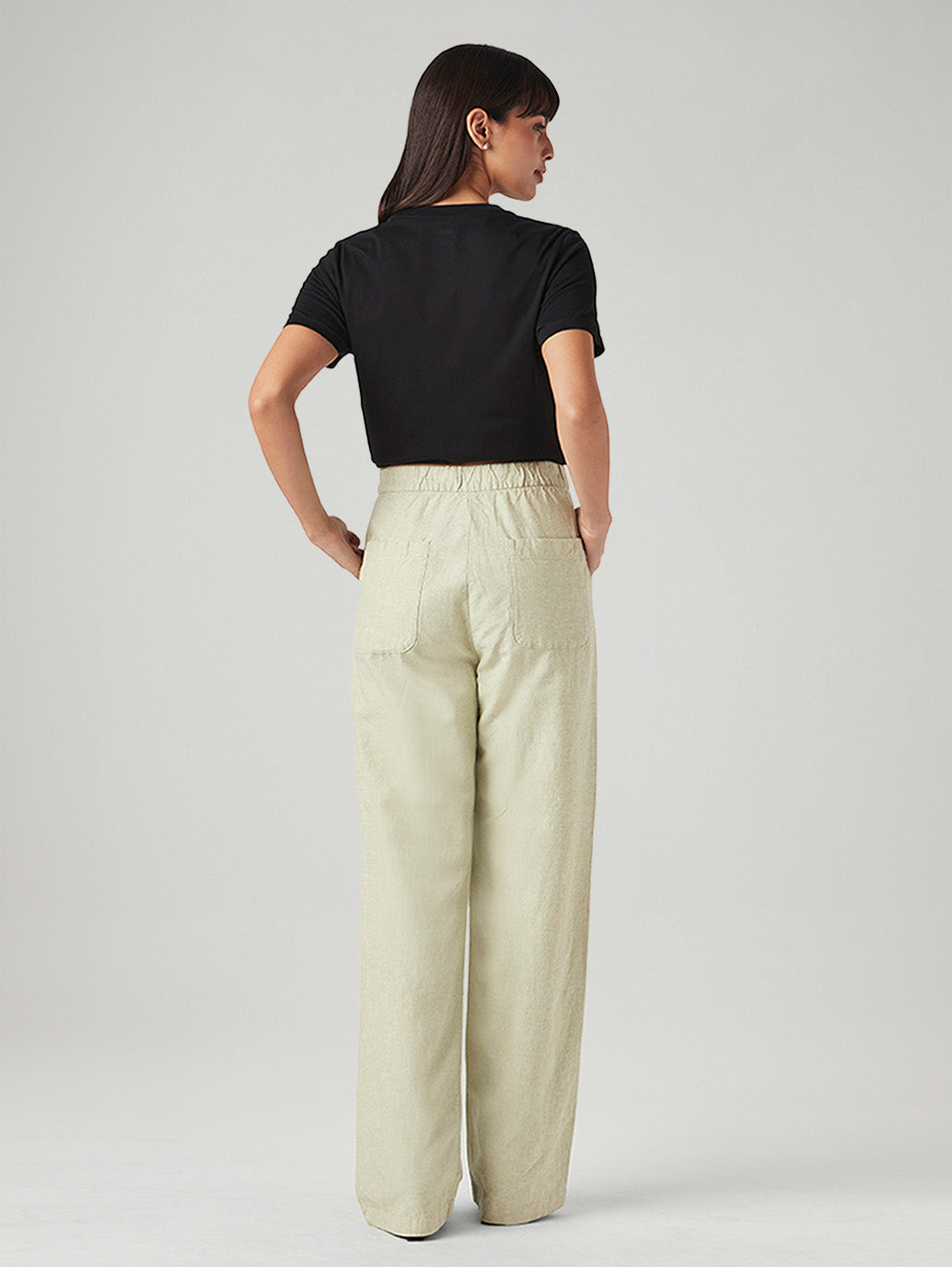 Women's Light Green Loose Fit High Rise Linen Trousers