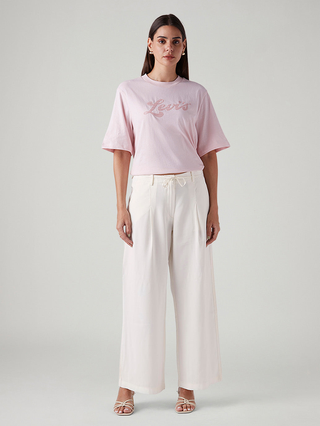 Women's Off White XL Straight Loose Fit Mid Rise Trousers