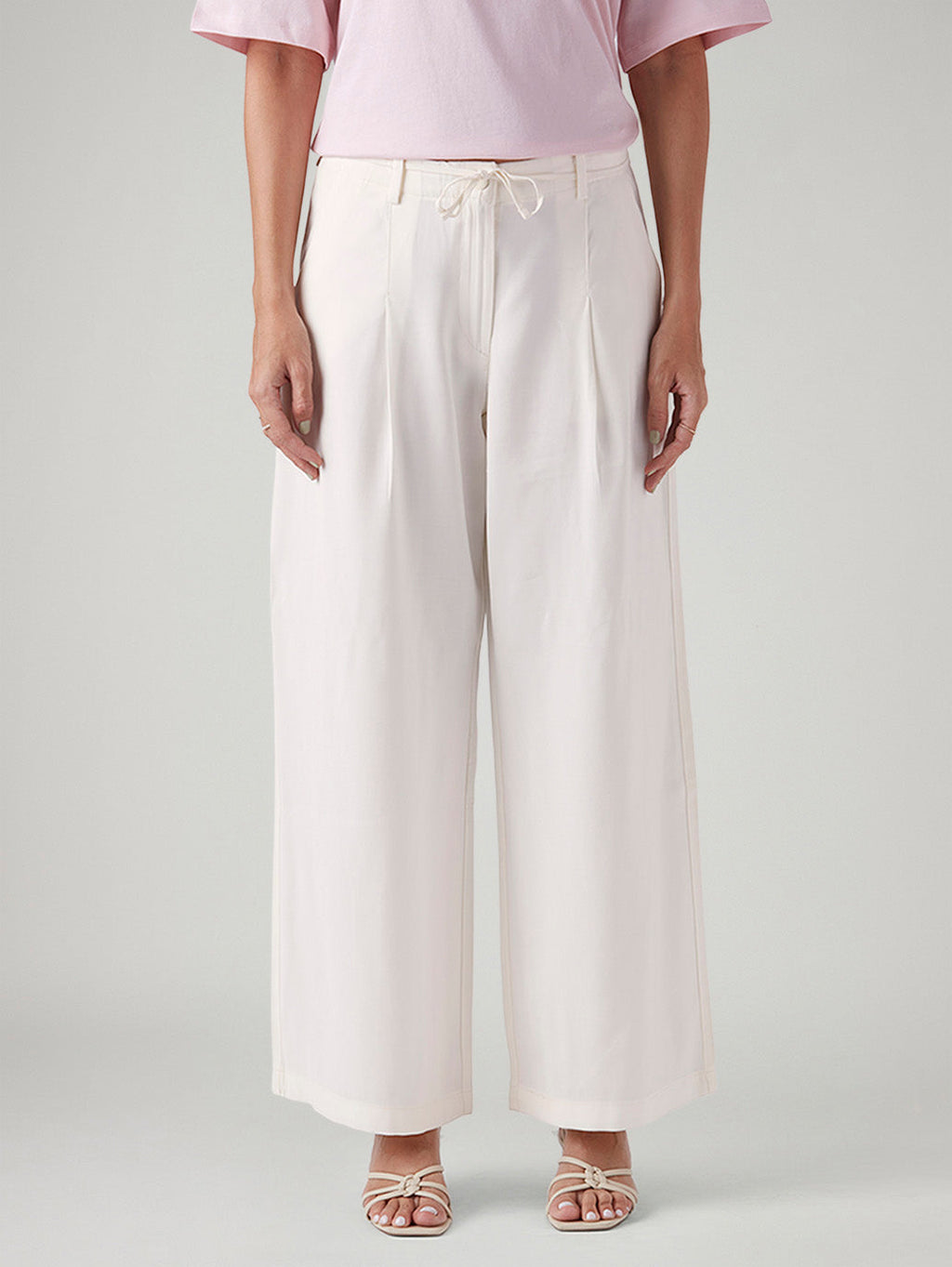 Women's Off White XL Straight Loose Fit Mid Rise Trousers