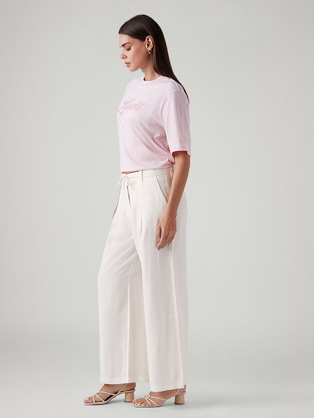 Women's Off White XL Straight Loose Fit Mid Rise Trousers