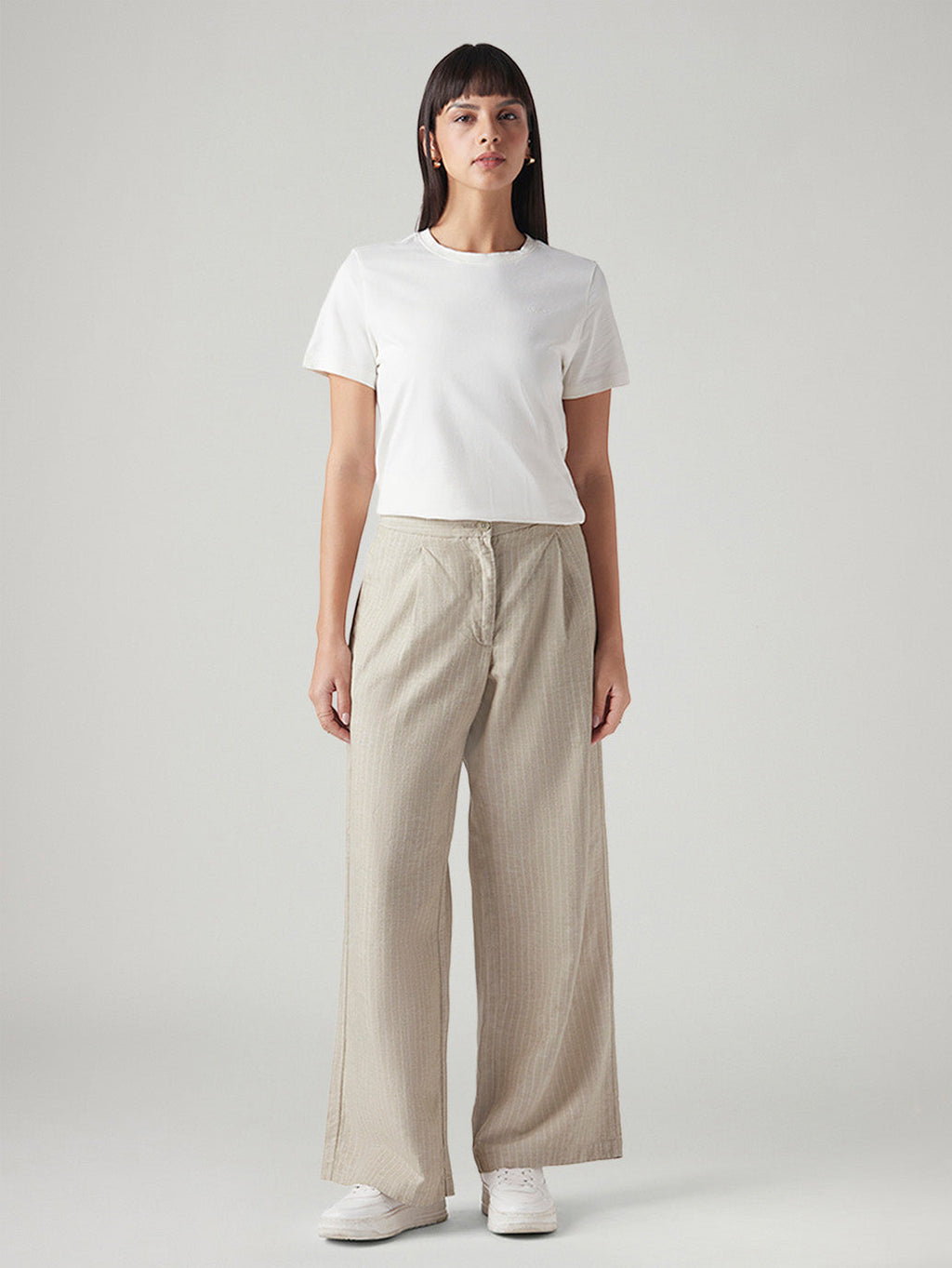 Women's Beige Straight Fit Mid Rise Trousers