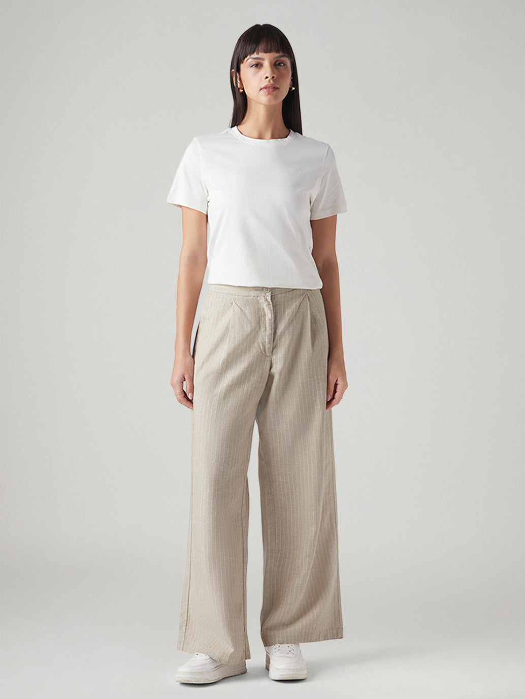 Women's Beige Straight Fit Mid Rise Trousers
